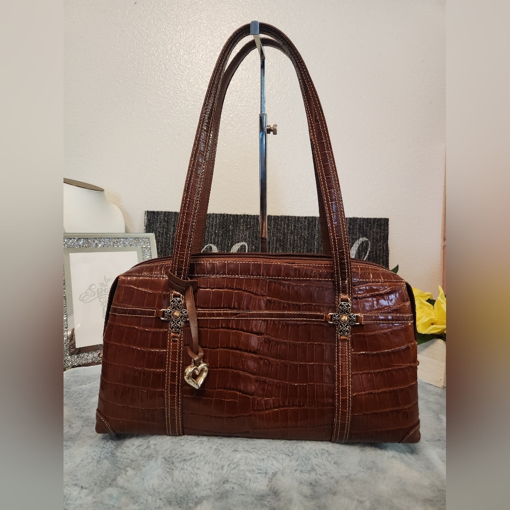 Brown Leather Vintage Brighton Croc Alligator Style Shoulder Bag Handbag Bag